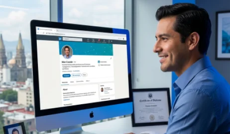 Profesional optimizando su perfil de LinkedIn con herramientas de IA